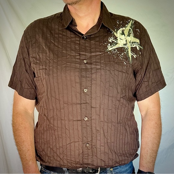 Anchor Blue Brown Men’s Short Sleeve Button Up with Skull - Picture 2 of 5